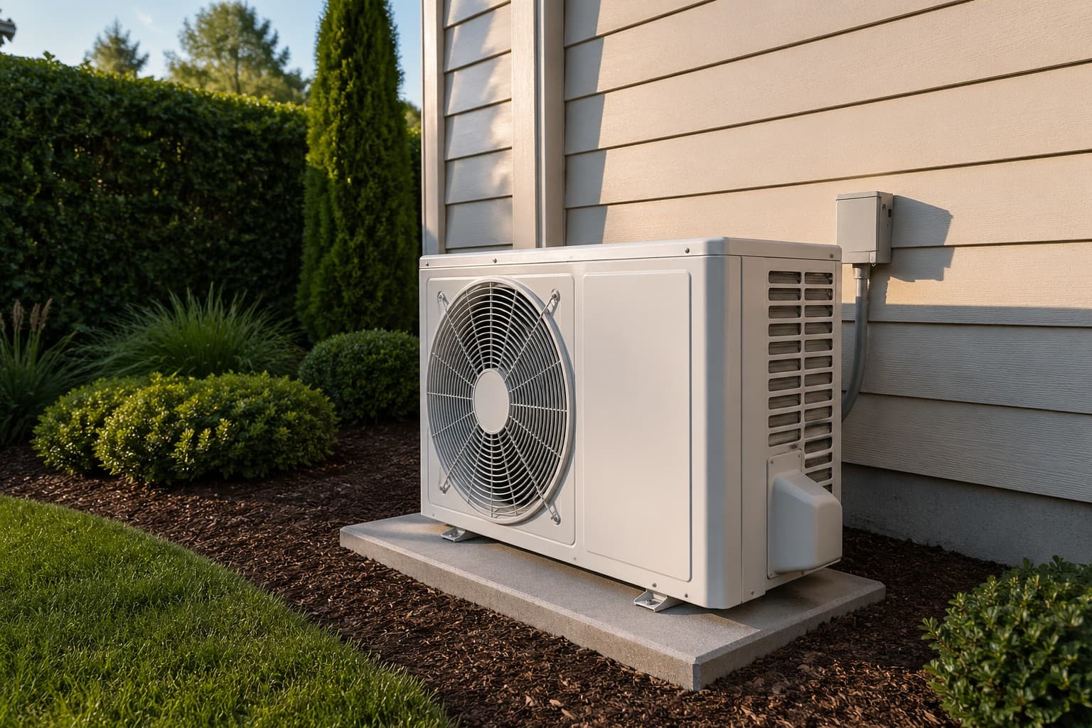 Modern outdoor air conditioning condenser unit on a concrete pad next to a residential home in warm afternoon light