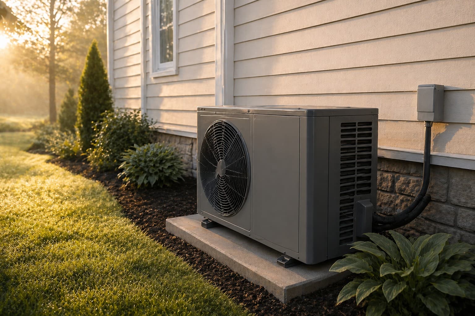Outdoor residential heat pump unit in early morning sunlight beside a clean concrete pad
