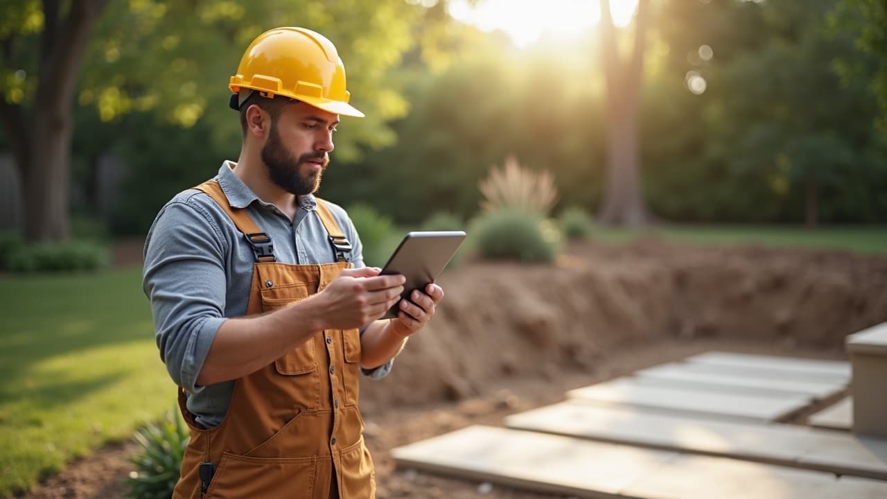 Contractor reviewing a landscaping estimate on a tablet at a job site