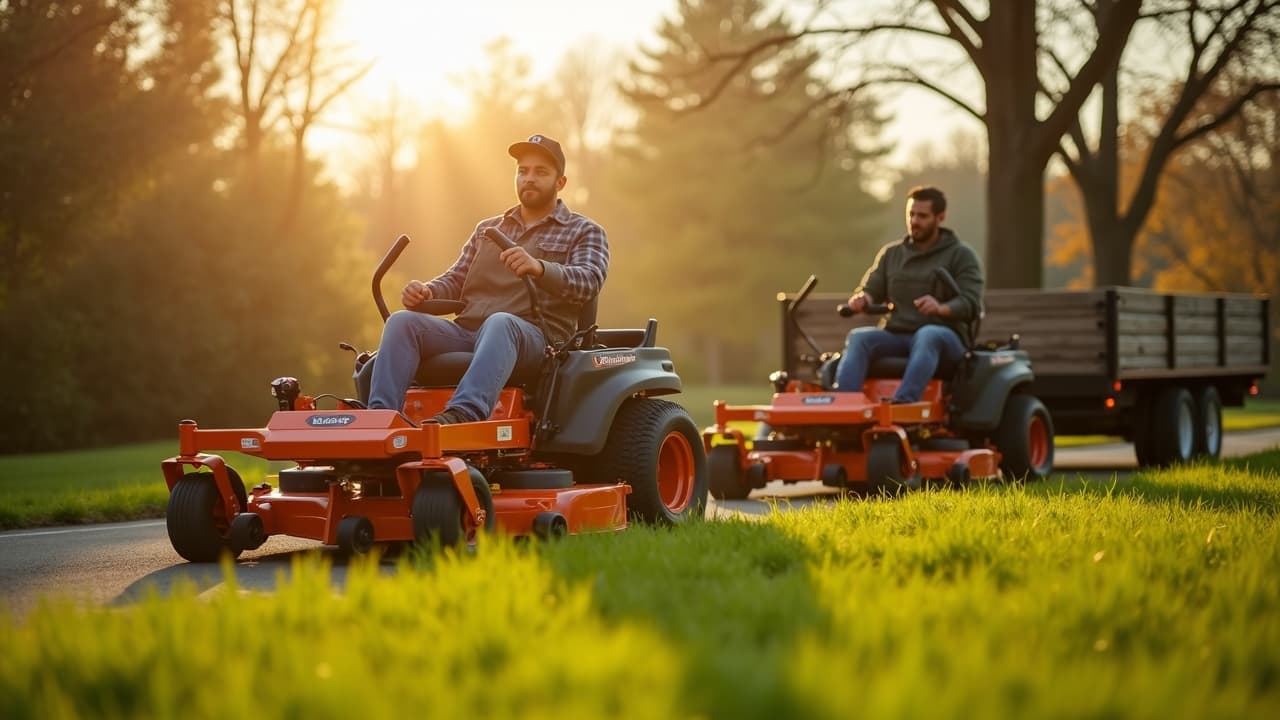 Lawn care crew loading mowers onto a truck in early spring with fresh green grass in background
