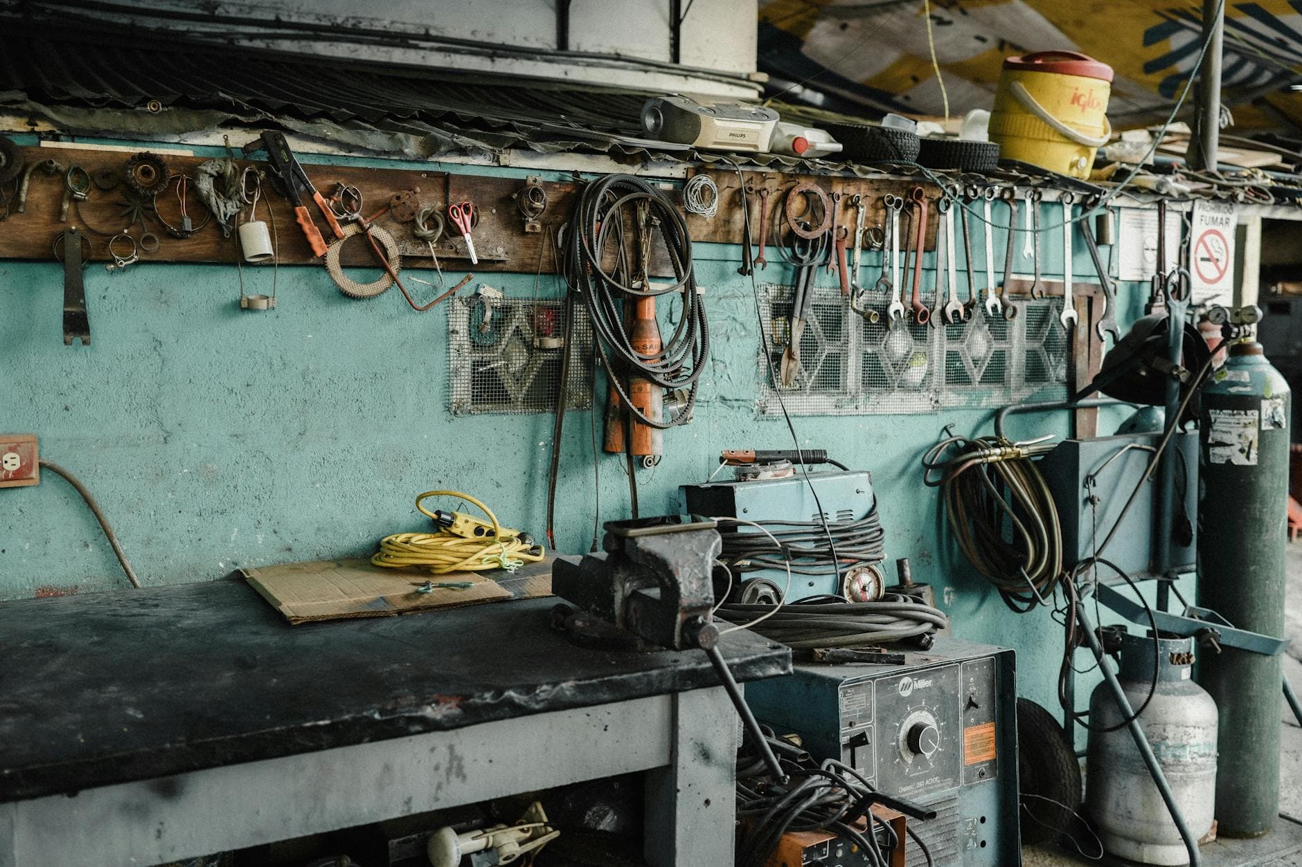 Organized electrical tools on a workbench