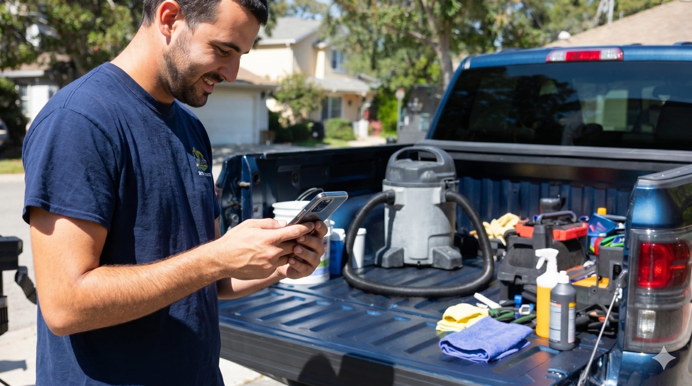 A service-shop owner standing by his truck, checking a customer text on his phone.
